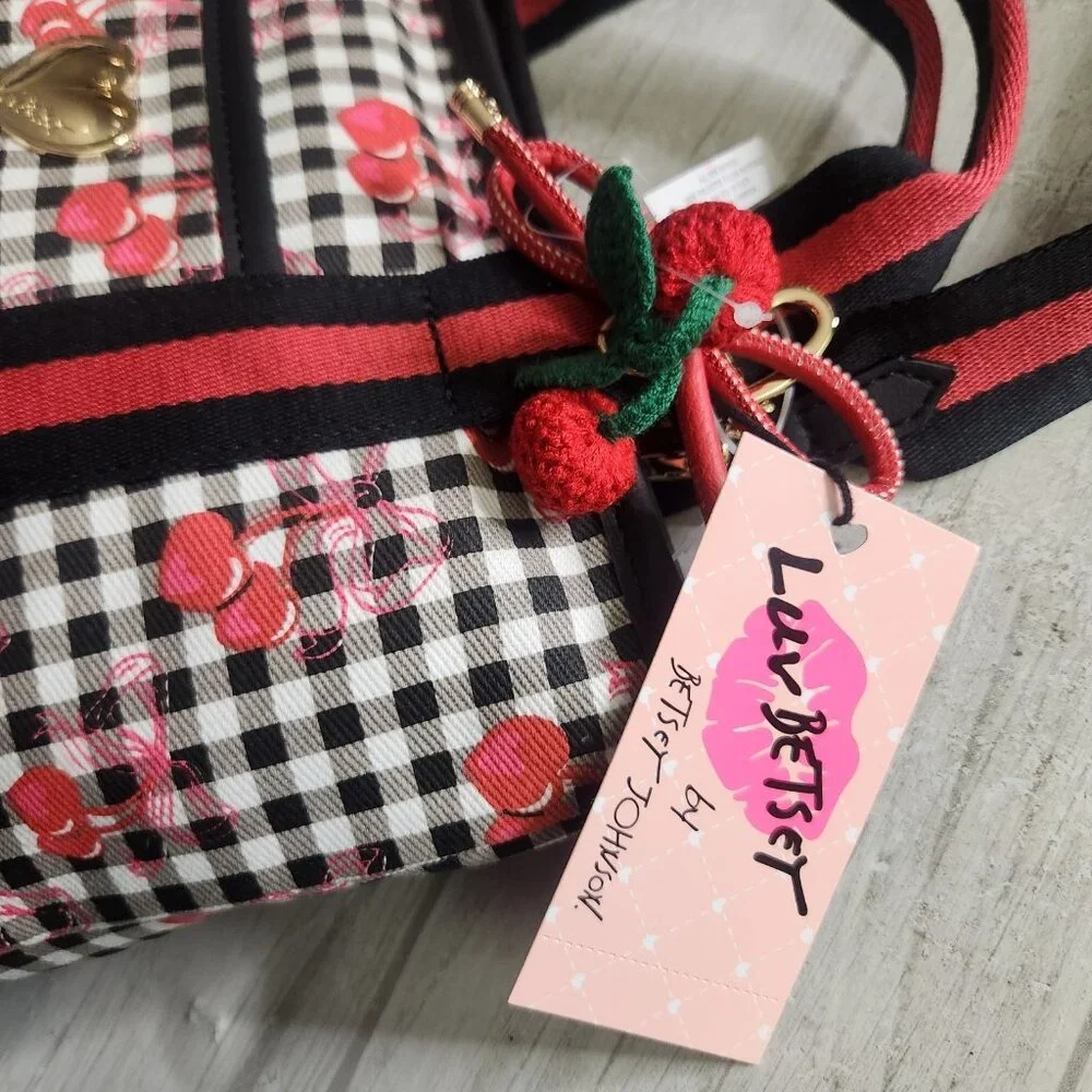 Betsey Johnson Cherry Gingham Tote Bag Black Red w/ Crossbody Strap NWT